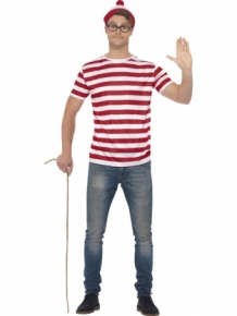 Waar is Wally accesoires set DELUXE met shirt, zwarte bril zonder glazen en rood-witte muts